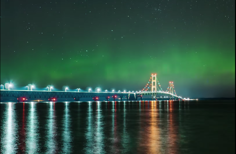 northern lights over Mackinac Bridge in Michigan