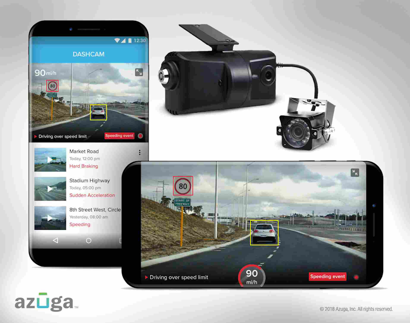 Azuga dash cam and screenshot simulations of the technology on mobile devices