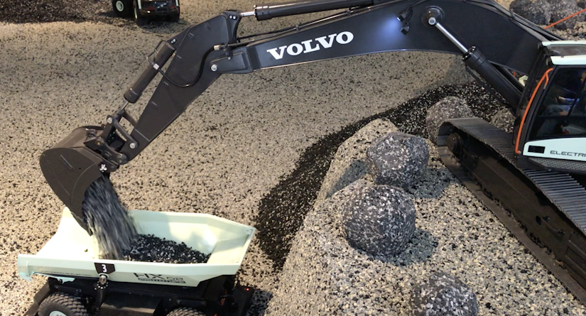 RC scale models of a Volvo excavator dumping gravel into an HX2 carrier