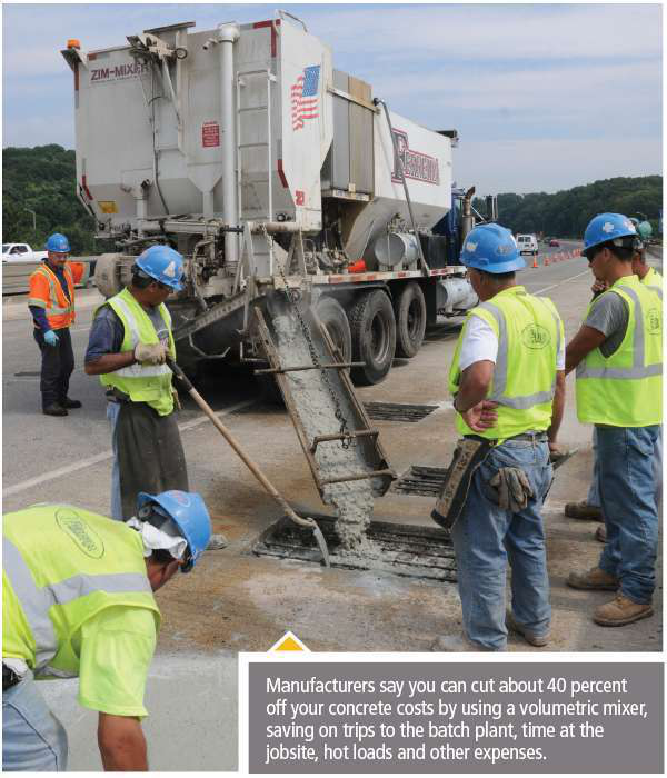 Road construction crew using a volumetric mixer