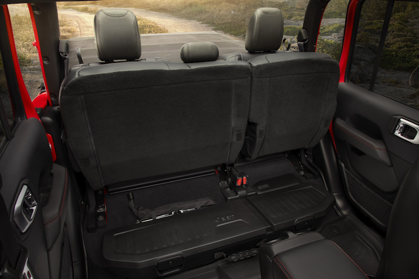 Backseats folded up to allow storage access on the 2020 Jeep Gladiator