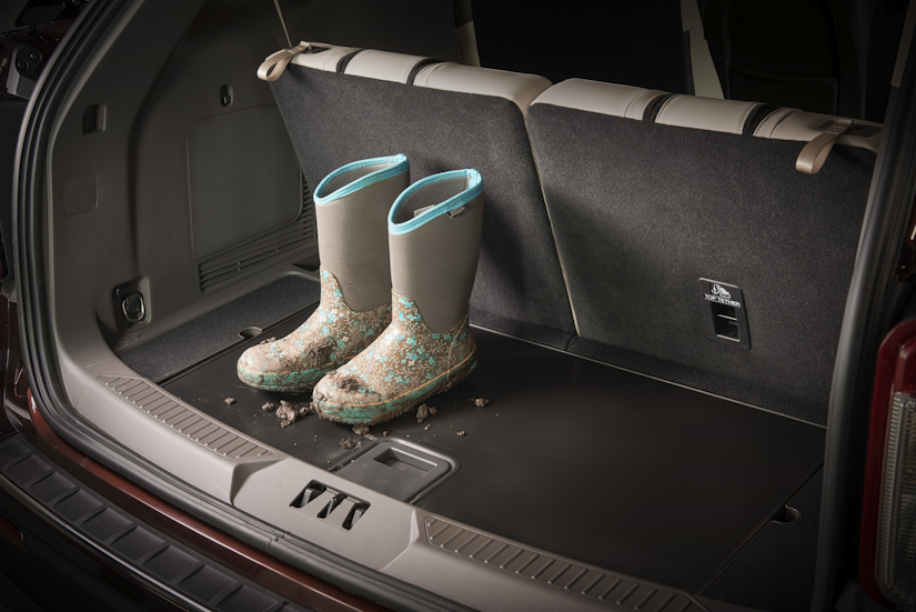 Mudboots sitting on reversible load floor in the rear of a new Ford Explorer