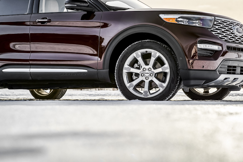 Closeup of the Ford Explorer Platinum's tires and rims 