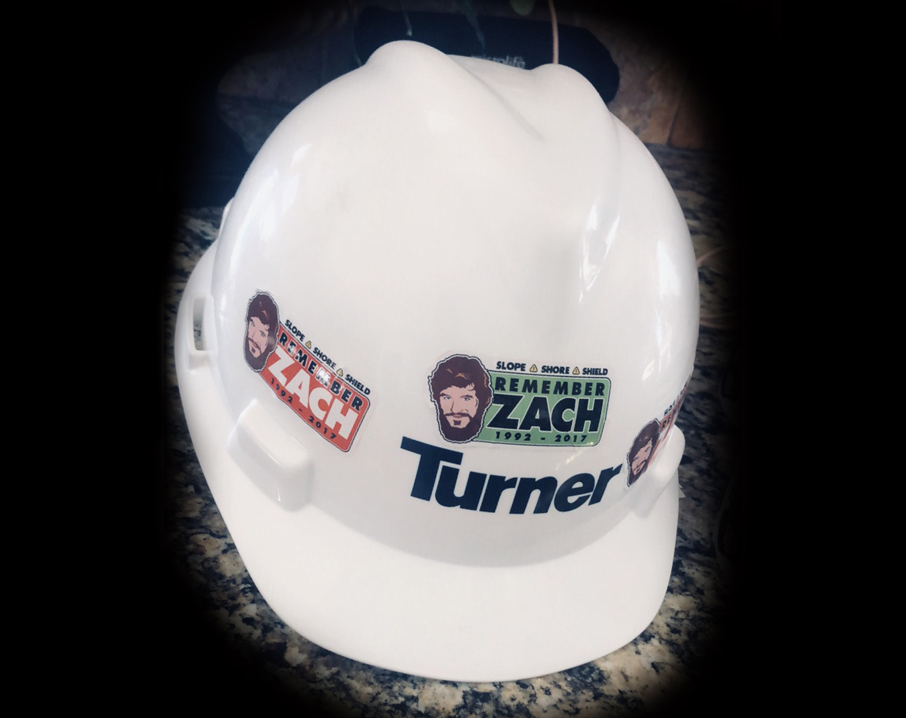 "Remember Zach" Stickers on Hard Hat