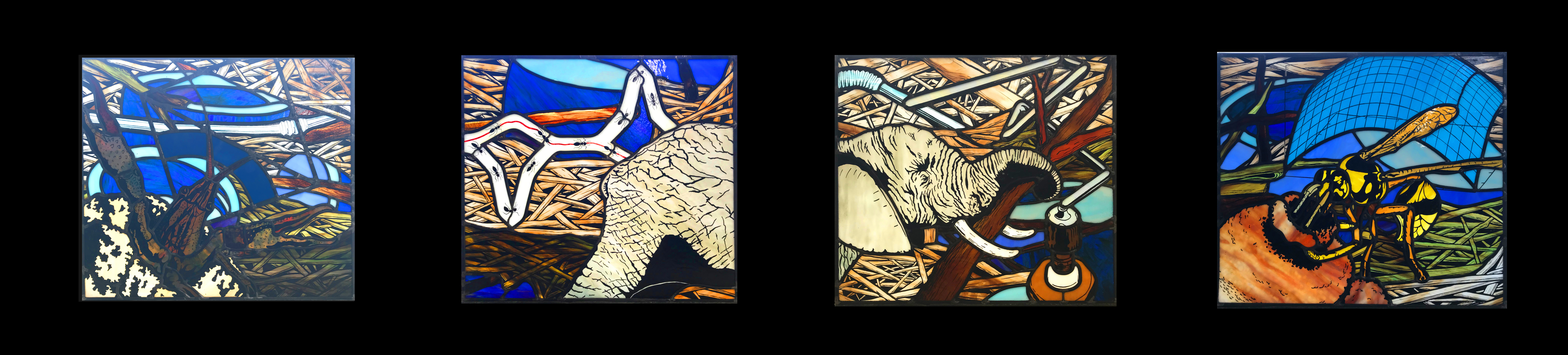 Up close image of stained-glass panels on dump truck 