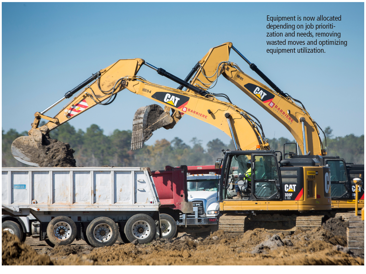 Two CAT excavators unloading buckets of dirt into dump trucks